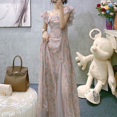 Vintage Chiffon Midi Dress Women Floral Print Design Korean Party Split Dress Female Summer Evening Beach Boho Dress 2021 Casual