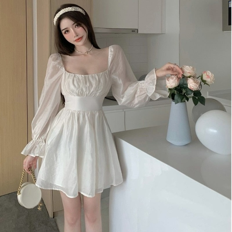 Pink Sweet Elegant Princess Dress Women Casual Korean Slim Long Sleeve Fairy Dress Female Backless Design Vintage Dress 2021 New