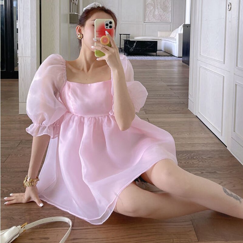 Elegant Sweet Princess Dress Women Pink Fairy Japanese Kawaii Mini Dress Female Court Vintage Wedding Party Dresses 2021 Korean