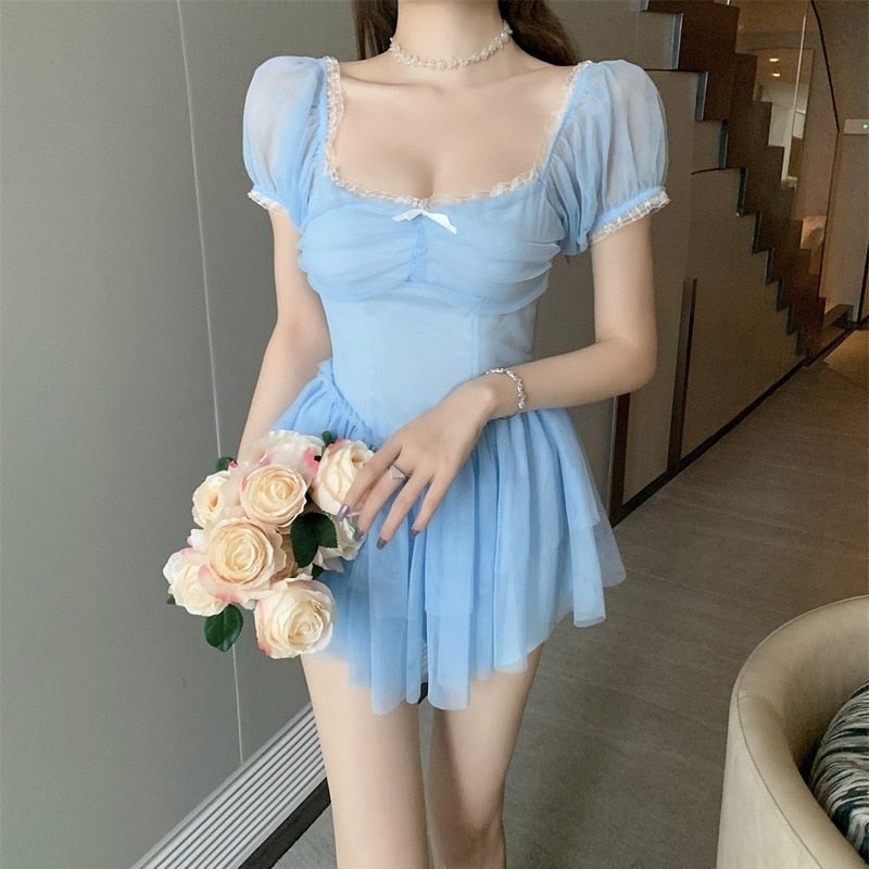 Ezgaga Summer New Women Dress Square Collar Short Sleeve Mesh Patchwork Bow Sexy Ball Gown Dress Pleated Korean Fashion Vestidos