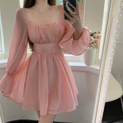 Pink Sweet Elegant Princess Dress Women Casual Korean Slim Long Sleeve Fairy Dress Female Backless Design Vintage Dress 2021 New