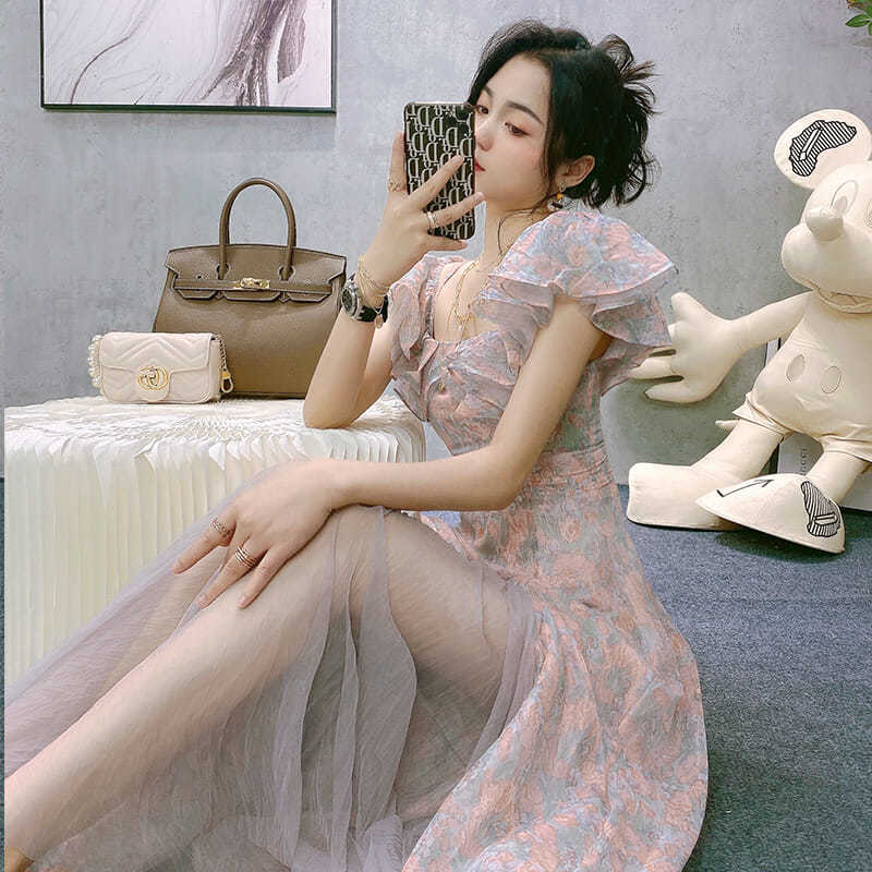 Vintage Chiffon Midi Dress Women Floral Print Design Korean Party Split Dress Female Summer Evening Beach Boho Dress 2021 Casual