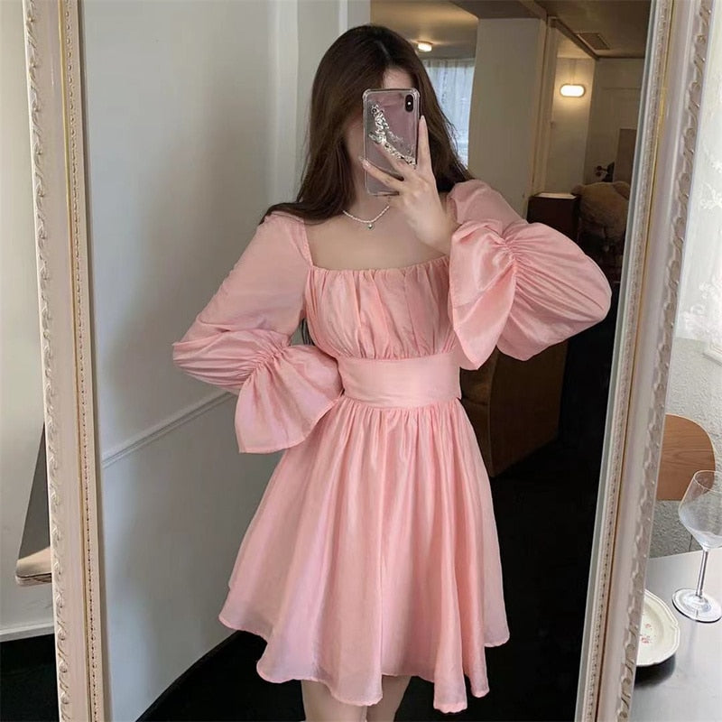 Pink Sweet Elegant Princess Dress Women Casual Korean Slim Long Sleeve Fairy Dress Female Backless Design Vintage Dress 2021 New