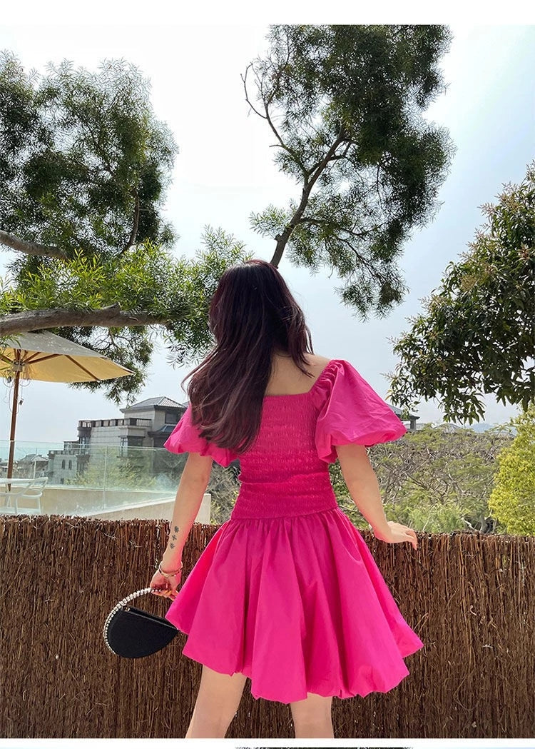 French Vintage Fairy Dress Women Red Sweet Princess Party Mini Dress Female 2021 Summer Beach Puff Sleeve Holiday Korean Dresses