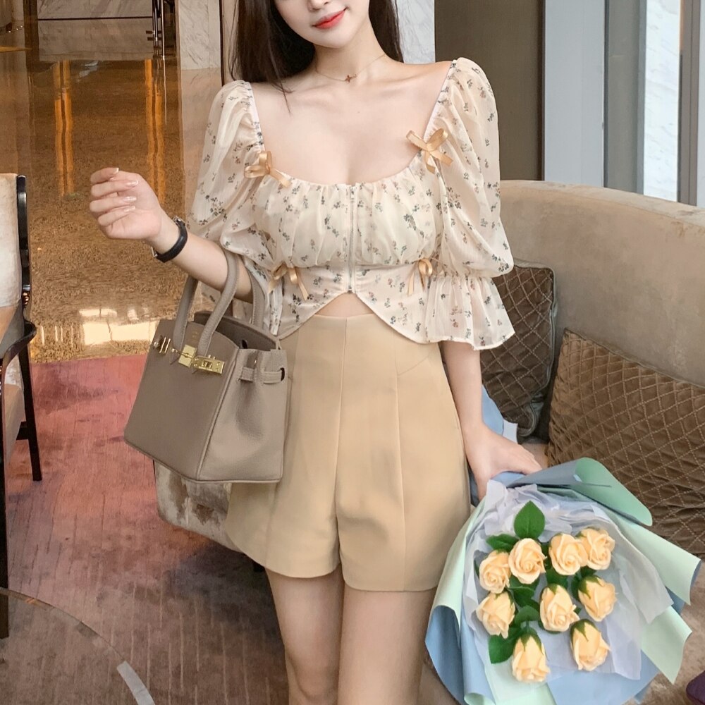 Puff Sleeve Floral Chiffon Blouses Women Summer Short Korean Design Fairy Shirts Tops Casual Chic Evening Party Y2k Clothes 2021