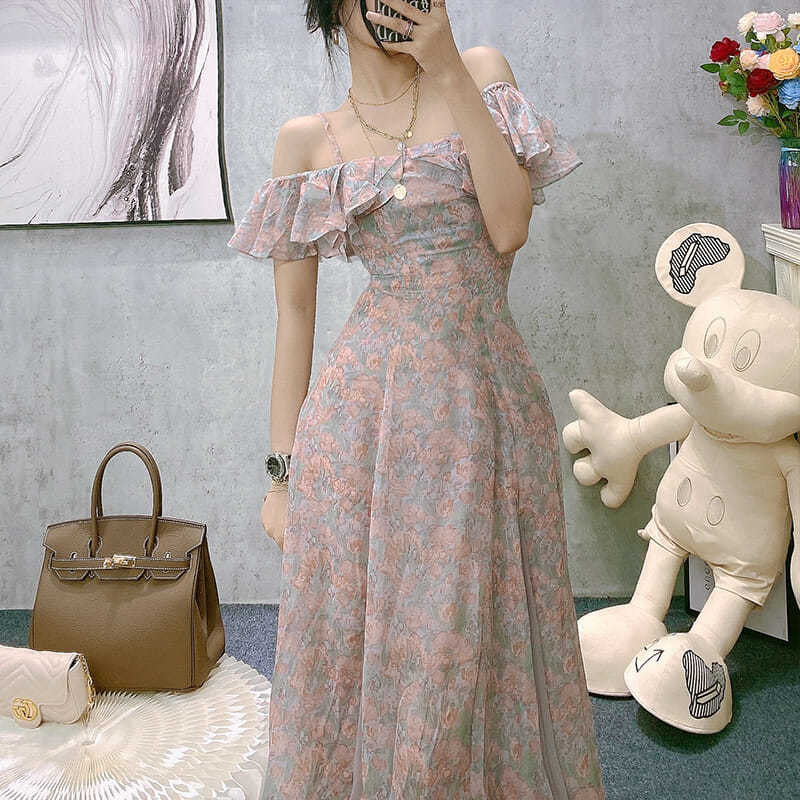 Vintage Chiffon Midi Dress Women Floral Print Design Korean Party Split Dress Female Summer Evening Beach Boho Dress 2021 Casual