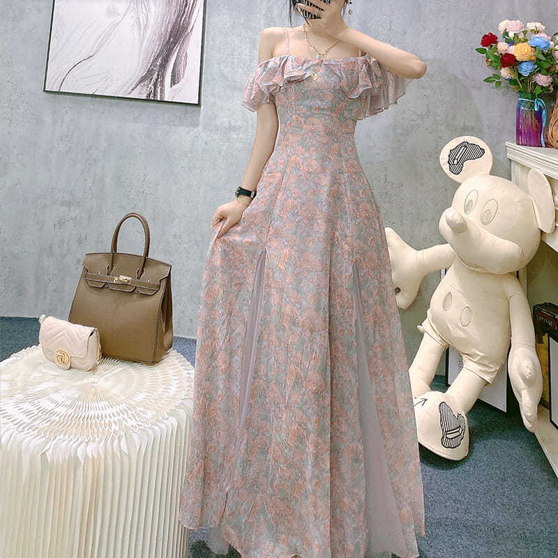 Vintage Chiffon Midi Dress Women Floral Print Design Korean Party Split Dress Female Summer Evening Beach Boho Dress 2021 Casual