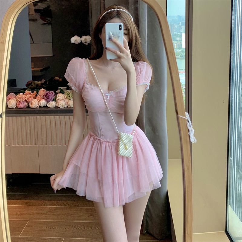 Ezgaga Summer New Women Dress Square Collar Short Sleeve Mesh Patchwork Bow Sexy Ball Gown Dress Pleated Korean Fashion Vestidos