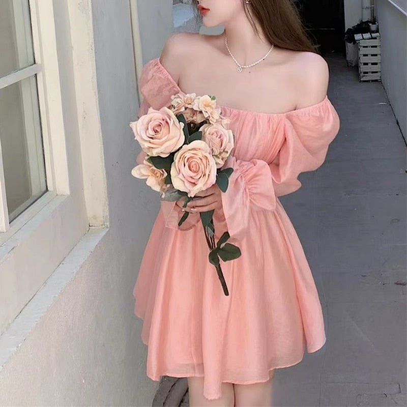 Pink Sweet Elegant Princess Dress Women Casual Korean Slim Long Sleeve Fairy Dress Female Backless Design Vintage Dress 2021 New