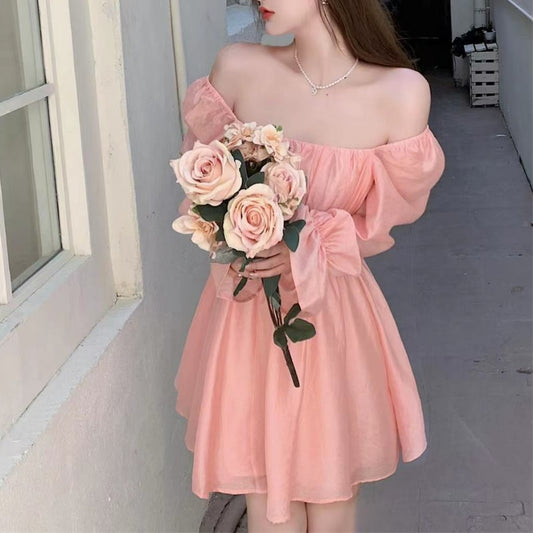 Pink Sweet Elegant Princess Dress Women Casual Korean Slim Long Sleeve Fairy Dress Female Backless Design Vintage Dress 2021 New