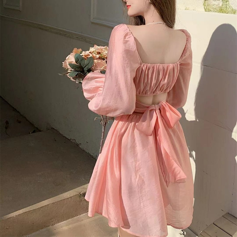 Pink Sweet Elegant Princess Dress Women Casual Korean Slim Long Sleeve Fairy Dress Female Backless Design Vintage Dress 2021 New