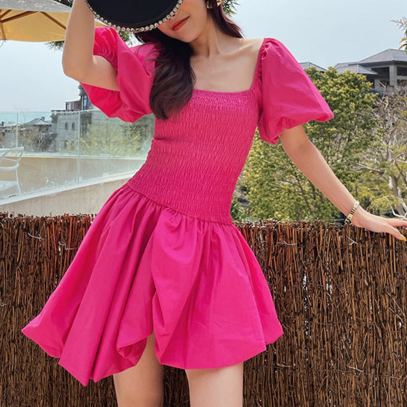 French Vintage Fairy Dress Women Red Sweet Princess Party Mini Dress Female 2021 Summer Beach Puff Sleeve Holiday Korean Dresses