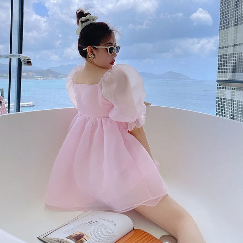 Elegant Sweet Princess Dress Women Pink Fairy Japanese Kawaii Mini Dress Female Court Vintage Wedding Party Dresses 2021 Korean