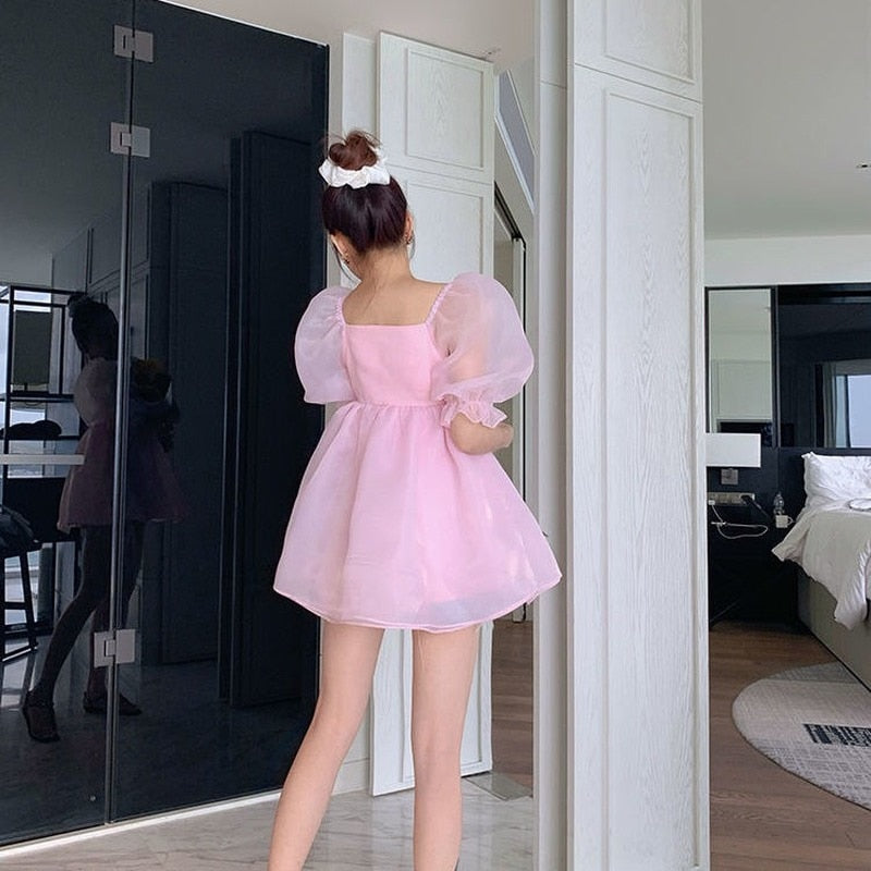 Elegant Sweet Princess Dress Women Pink Fairy Japanese Kawaii Mini Dress Female Court Vintage Wedding Party Dresses 2021 Korean