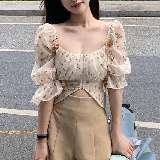 Puff Sleeve Floral Chiffon Blouses Women Summer Short Korean Design Fairy Shirts Tops Casual Chic Evening Party Y2k Clothes 2021