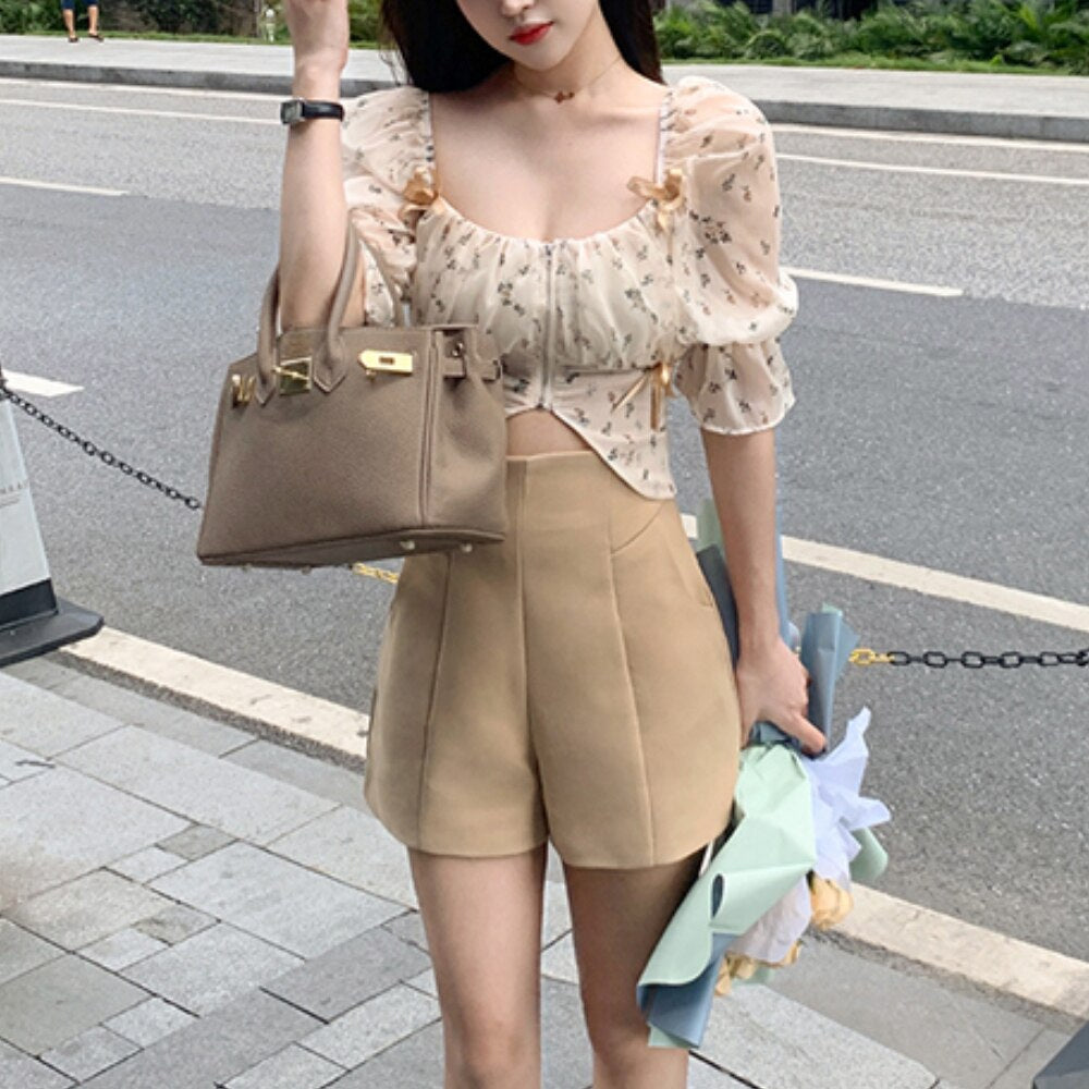 Puff Sleeve Floral Chiffon Blouses Women Summer Short Korean Design Fairy Shirts Tops Casual Chic Evening Party Y2k Clothes 2021