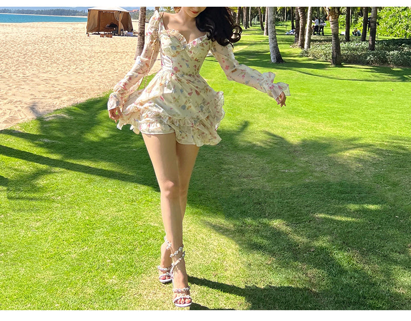 Casual Beach Party Mini Dress Women 2022 Summer Elegant Floral Long Sleeve Fairy Dress Female Y2k Korean Fashion Chic Sexy Dress