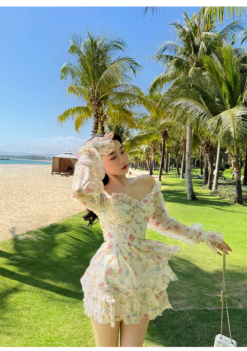 Casual Beach Party Mini Dress Women 2022 Summer Elegant Floral Long Sleeve Fairy Dress Female Y2k Korean Fashion Chic Sexy Dress