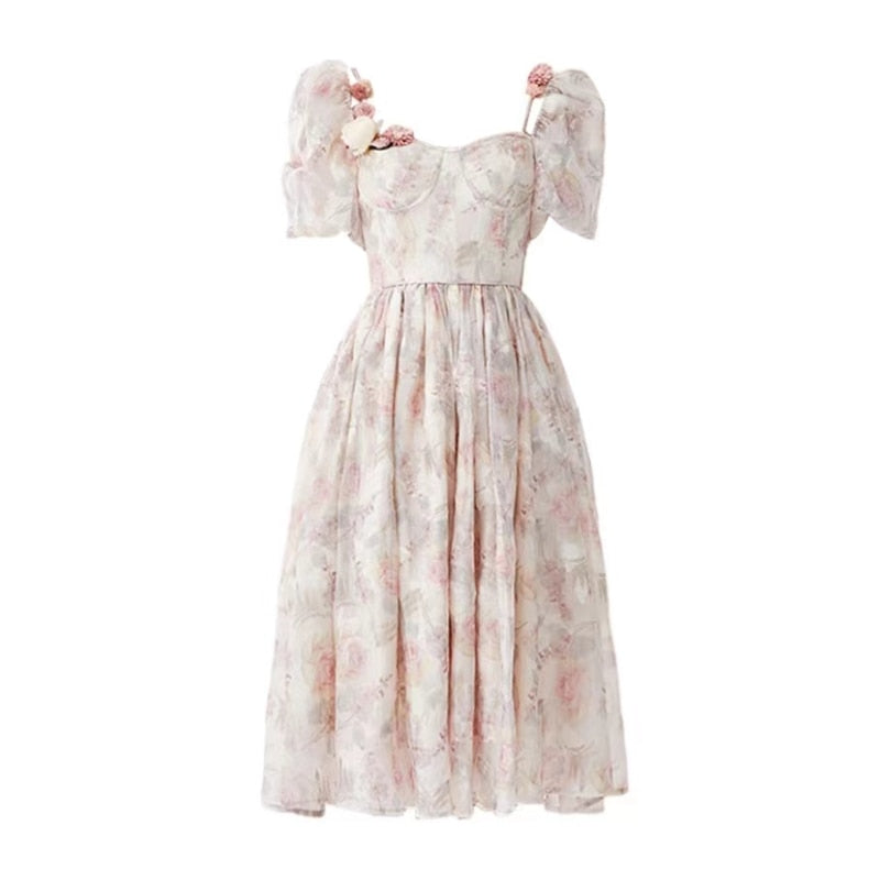 Chiffon Floral Vintage Dress Women 2022 Summer Designer Sweet Princess Fairy Dress Female Puff Sleeve Ruffles Split Midi Dresses