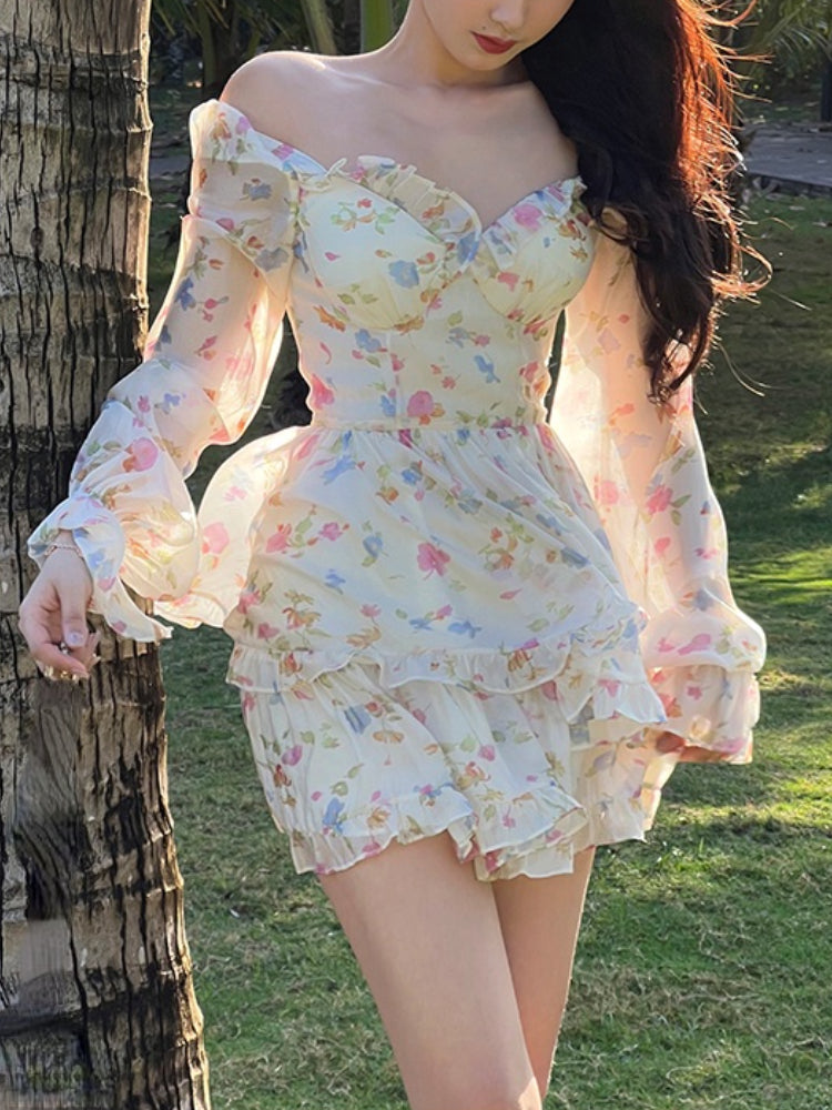 Casual Beach Party Mini Dress Women 2022 Summer Elegant Floral Long Sleeve Fairy Dress Female Y2k Korean Fashion Chic Sexy Dress