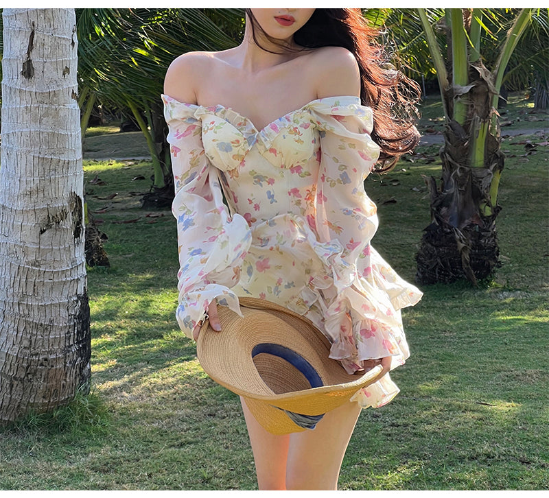 Casual Beach Party Mini Dress Women 2022 Summer Elegant Floral Long Sleeve Fairy Dress Female Y2k Korean Fashion Chic Sexy Dress