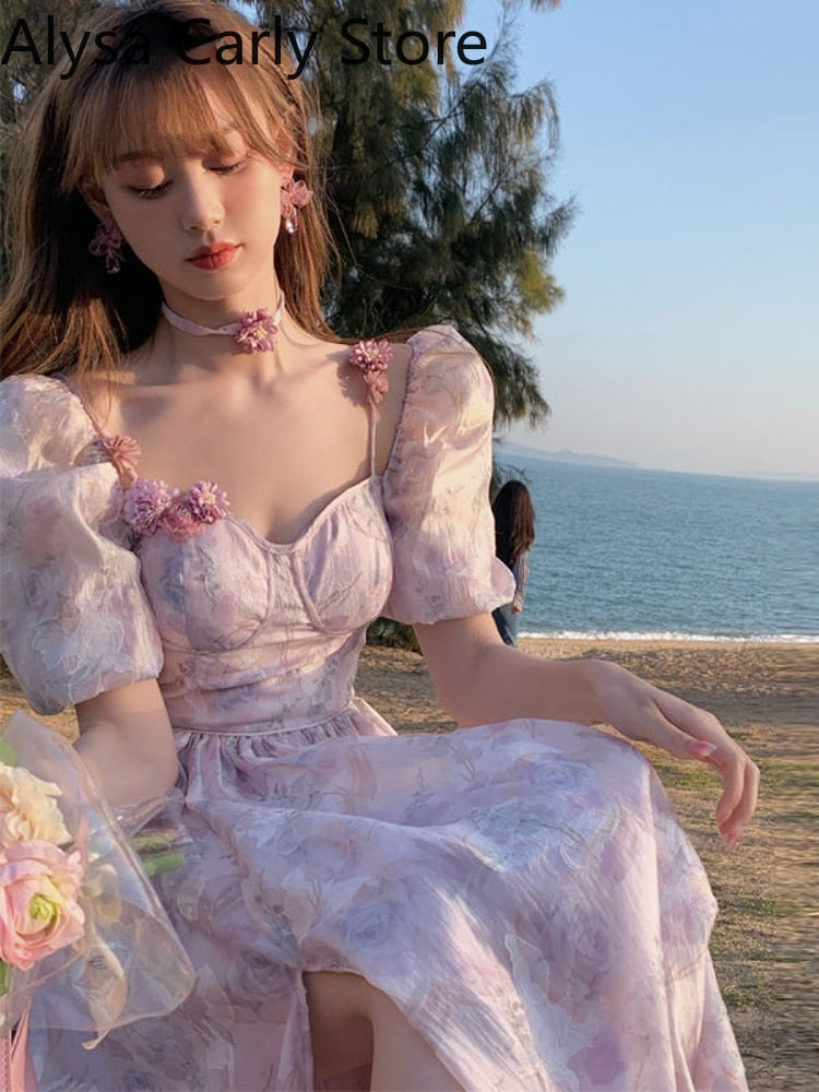 Chiffon Floral Vintage Dress Women 2022 Summer Designer Sweet Princess Fairy Dress Female Puff Sleeve Ruffles Split Midi Dresses