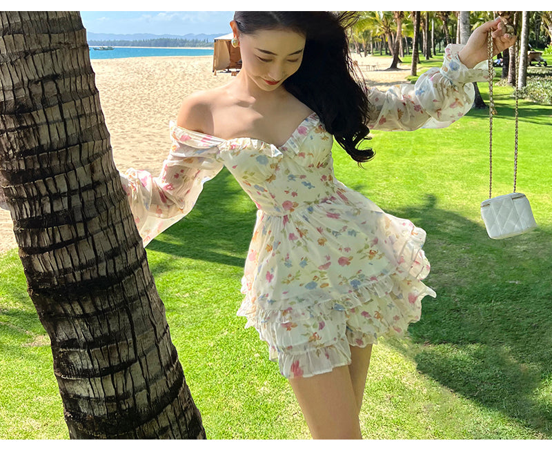 Casual Beach Party Mini Dress Women 2022 Summer Elegant Floral Long Sleeve Fairy Dress Female Y2k Korean Fashion Chic Sexy Dress