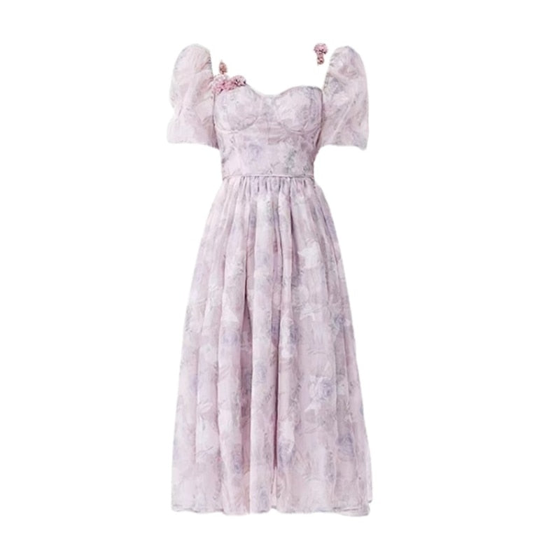 Chiffon Floral Vintage Dress Women 2022 Summer Designer Sweet Princess Fairy Dress Female Puff Sleeve Ruffles Split Midi Dresses