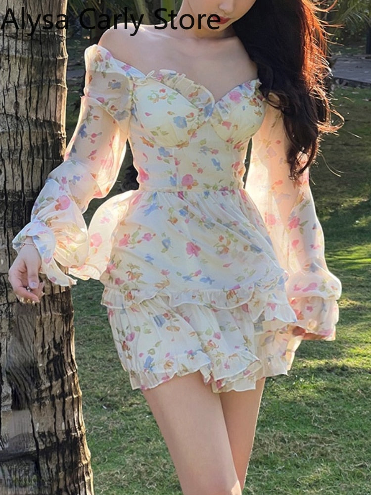 Casual Beach Party Mini Dress Women 2022 Summer Elegant Floral Long Sleeve Fairy Dress Female Y2k Korean Fashion Chic Sexy Dress