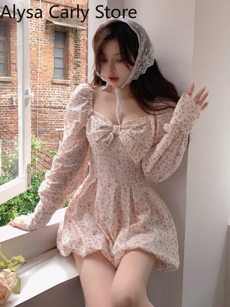 Japanese Sweet Floral Lolita Dress Women Bow Chic Elegant Beach Party Dresses Ladies Y2k Pink Kawaii 2022 Summer One-piece Dress