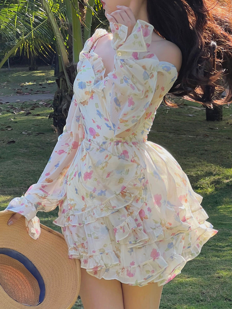 Casual Beach Party Mini Dress Women 2022 Summer Elegant Floral Long Sleeve Fairy Dress Female Y2k Korean Fashion Chic Sexy Dress