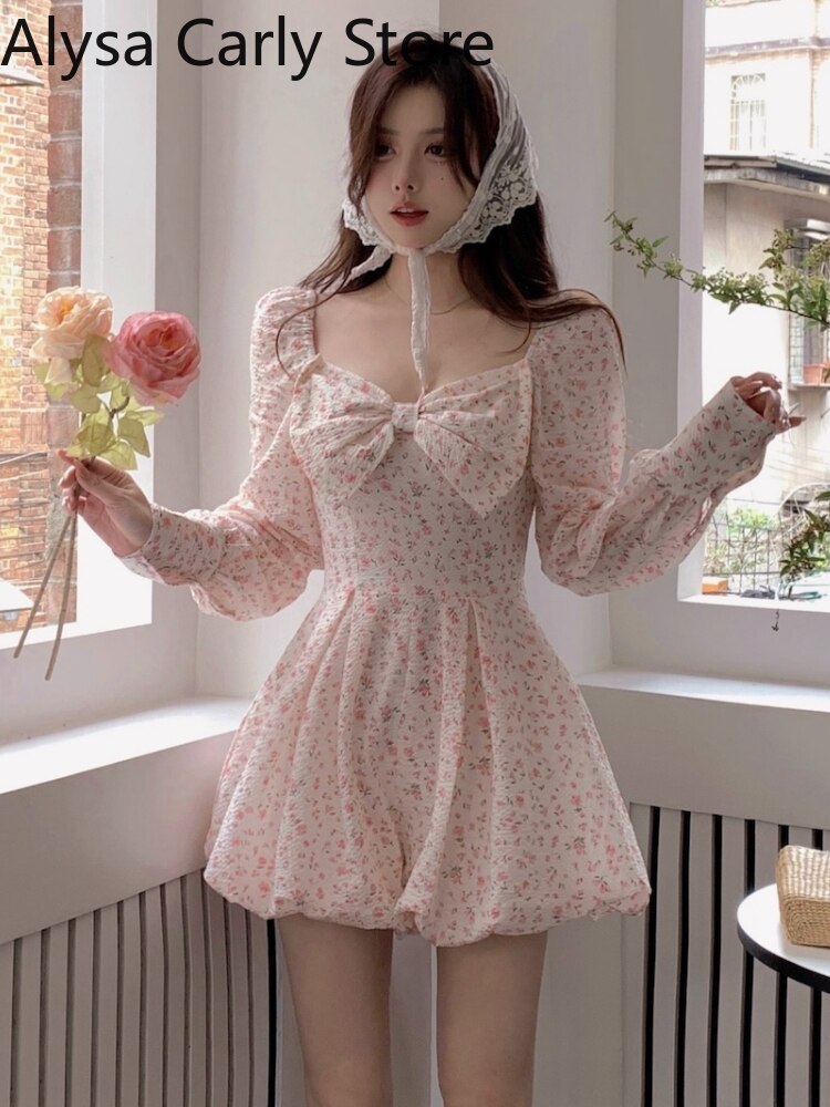 Japanese Sweet Floral Lolita Dress Women Bow Chic Elegant Beach Party Dresses Ladies Y2k Pink Kawaii 2022 Summer One-piece Dress