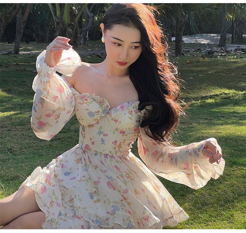 Casual Beach Party Mini Dress Women 2022 Summer Elegant Floral Long Sleeve Fairy Dress Female Y2k Korean Fashion Chic Sexy Dress