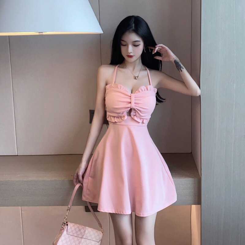 #3142 Black White Pink Short Party Club A-line Dress Sexy Hollow Out V-neck Strapless Camisole Dresses Female Backless Summer