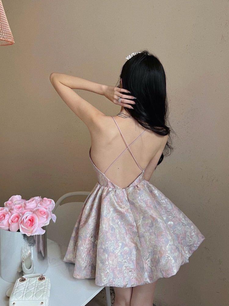 Ezgaga Woman Dress Spaghetti Strap Oil Painting V Neck Backless Fairy Sexy Dresses Party Slim Puffy Elegant Ladies Fashion New