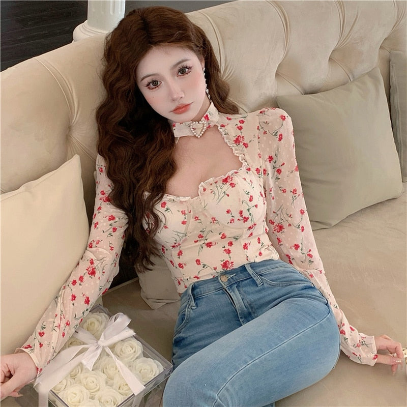 Ezgaga Floral Printed Blouse Women Hollow Out Lace Patchwork 2022 Spring Crop Tops Elegant Slim Sexy Casual Ladies Shirts