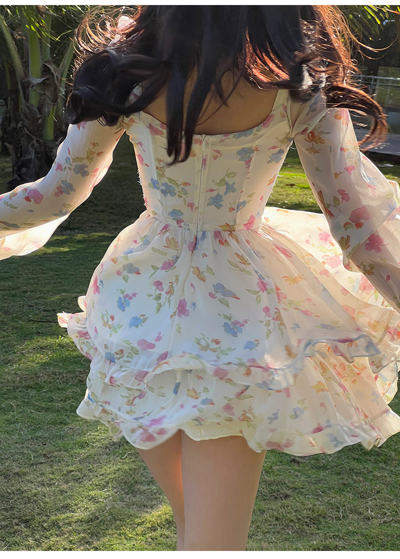 Casual Beach Party Mini Dress Women 2022 Summer Elegant Floral Long Sleeve Fairy Dress Female Y2k Korean Fashion Chic Sexy Dress