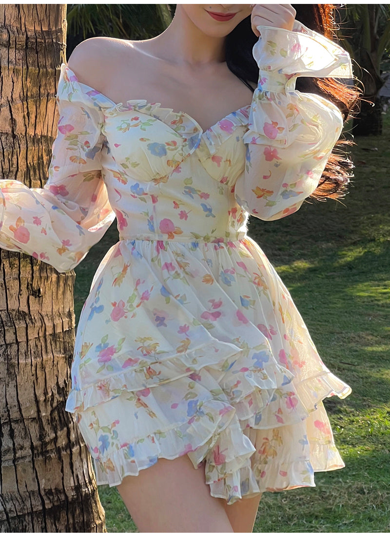 Casual Beach Party Mini Dress Women 2022 Summer Elegant Floral Long Sleeve Fairy Dress Female Y2k Korean Fashion Chic Sexy Dress