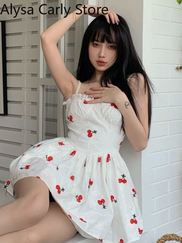 2022 Summer Casual Party Strap Dress Women White Sexy Elegant Fairy Mini Dresses Female High Waist Holiday Evening Beach Dress