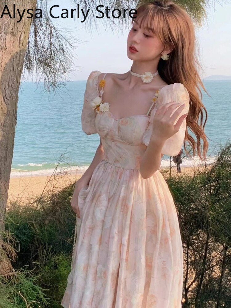 Chiffon Floral Vintage Dress Women 2022 Summer Designer Sweet Princess Fairy Dress Female Puff Sleeve Ruffles Split Midi Dresses