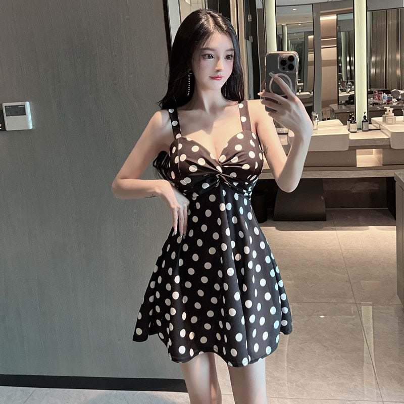 #3207 Polka Dot Printed Mini Dress A-line Sexy High Waist Camisole Dress Female Backless Sexy Party Dress Women Black White Red