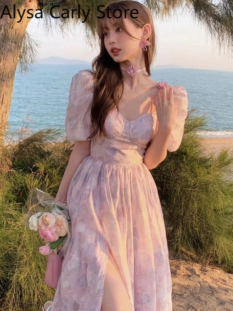 Chiffon Floral Vintage Dress Women 2022 Summer Designer Sweet Princess Fairy Dress Female Puff Sleeve Ruffles Split Midi Dresses