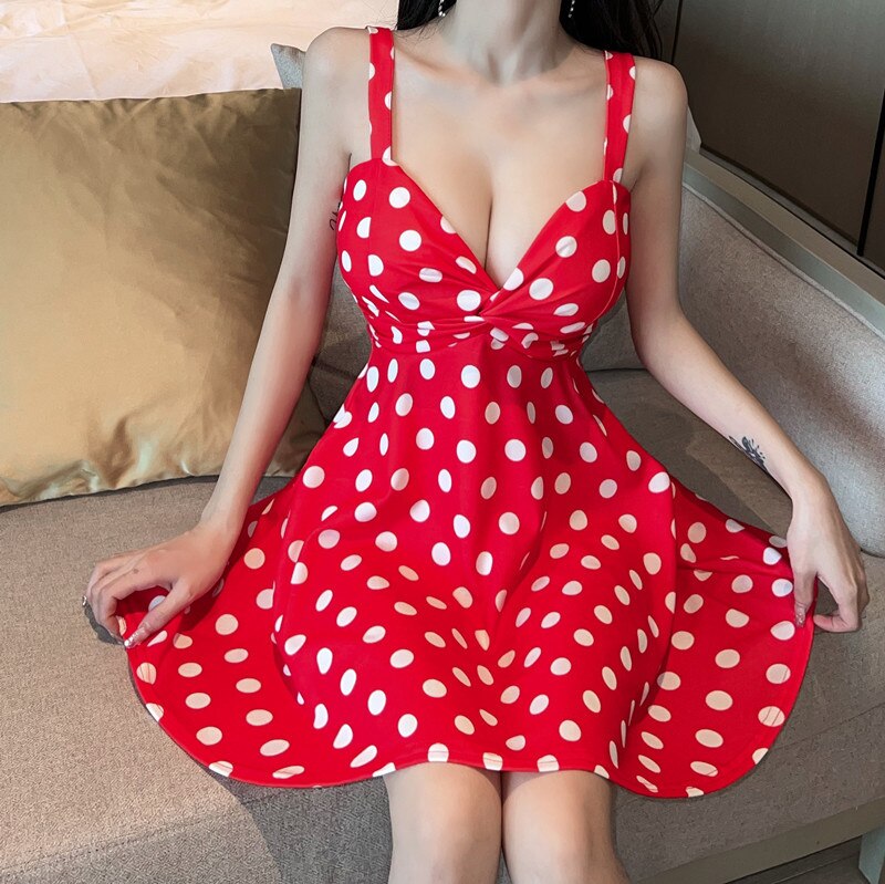 #3207 Polka Dot Printed Mini Dress A-line Sexy High Waist Camisole Dress Female Backless Sexy Party Dress Women Black White Red