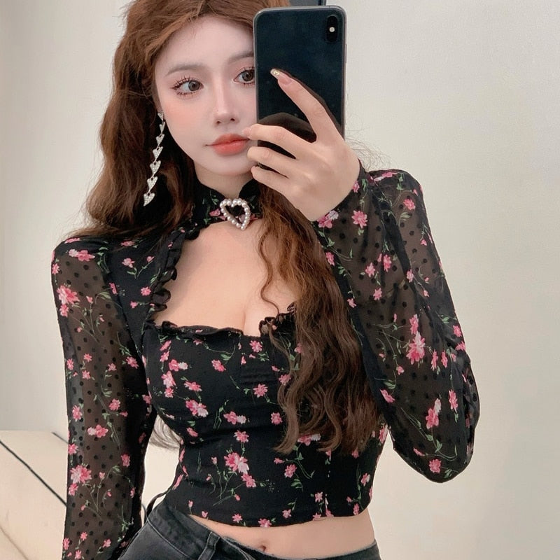 Ezgaga Floral Printed Blouse Women Hollow Out Lace Patchwork 2022 Spring Crop Tops Elegant Slim Sexy Casual Ladies Shirts