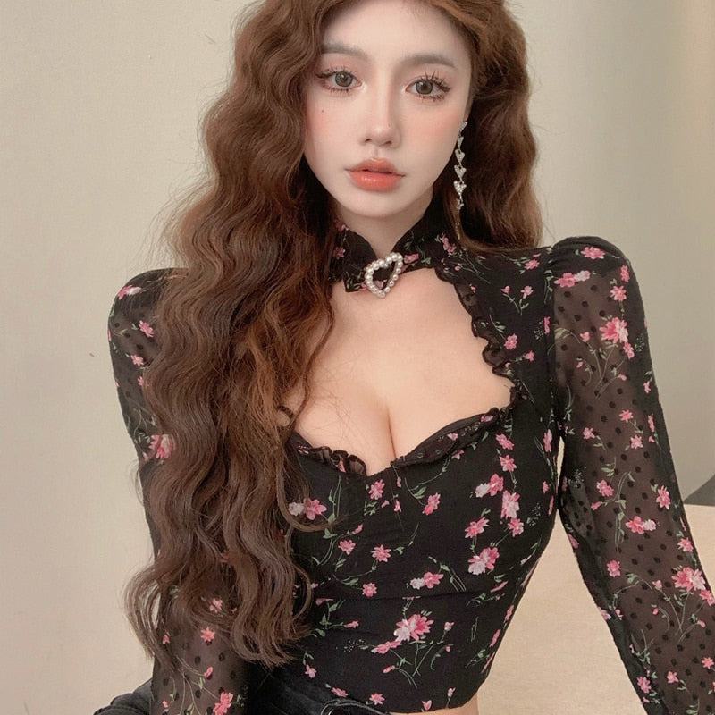 Ezgaga Floral Printed Blouse Women Hollow Out Lace Patchwork 2022 Spring Crop Tops Elegant Slim Sexy Casual Ladies Shirts