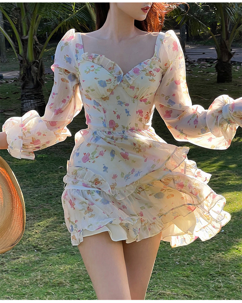 Casual Beach Party Mini Dress Women 2022 Summer Elegant Floral Long Sleeve Fairy Dress Female Y2k Korean Fashion Chic Sexy Dress