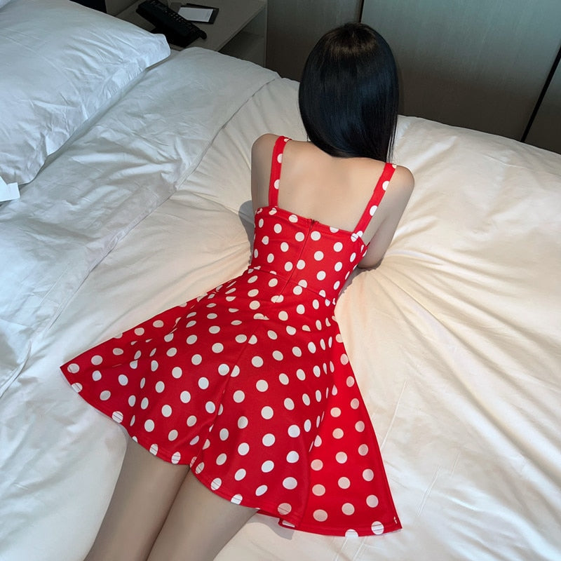 #3207 Polka Dot Printed Mini Dress A-line Sexy High Waist Camisole Dress Female Backless Sexy Party Dress Women Black White Red