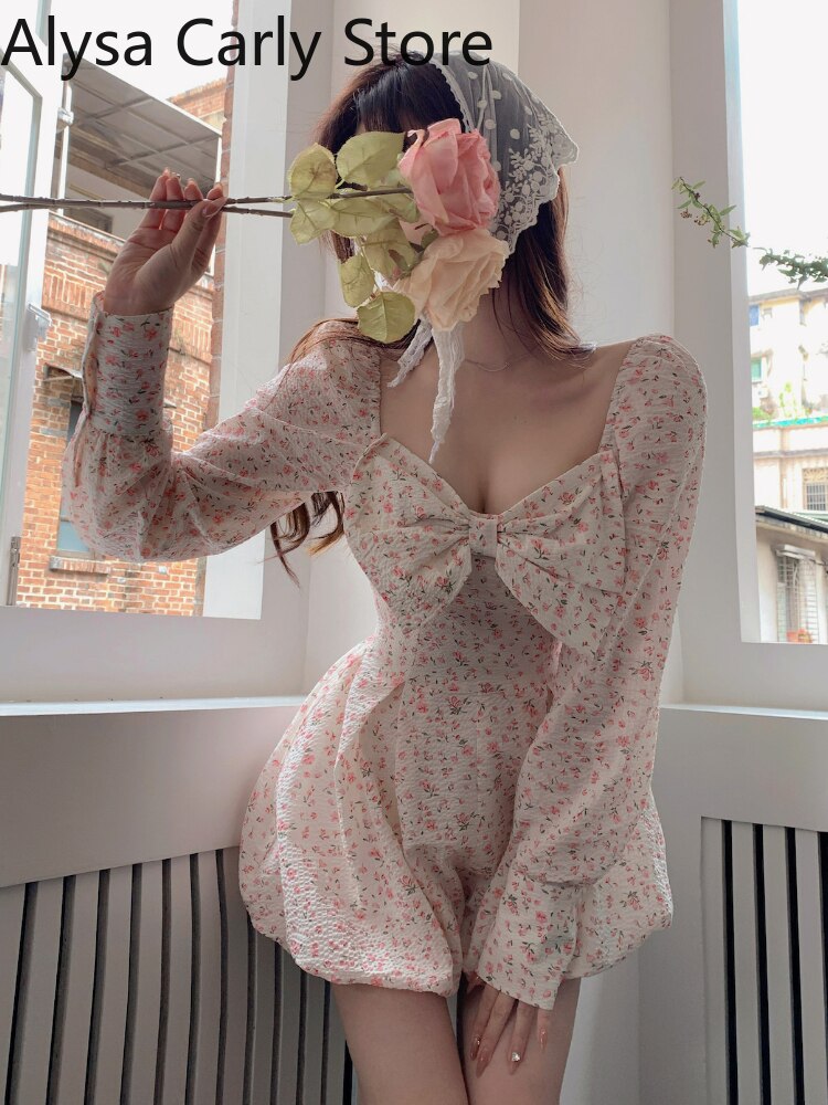 Japanese Sweet Floral Lolita Dress Women Bow Chic Elegant Beach Party Dresses Ladies Y2k Pink Kawaii 2022 Summer One-piece Dress